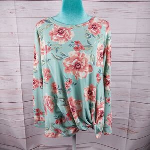 Gorilla Cat Womens Size Medium Blue Pink Floral Knit Top Sweatshirt Long Sleeve